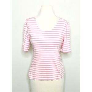 Talbots Pink White Striped Cotton Elbow Sleeve Crewneck Top Shirt Womens Sz SP